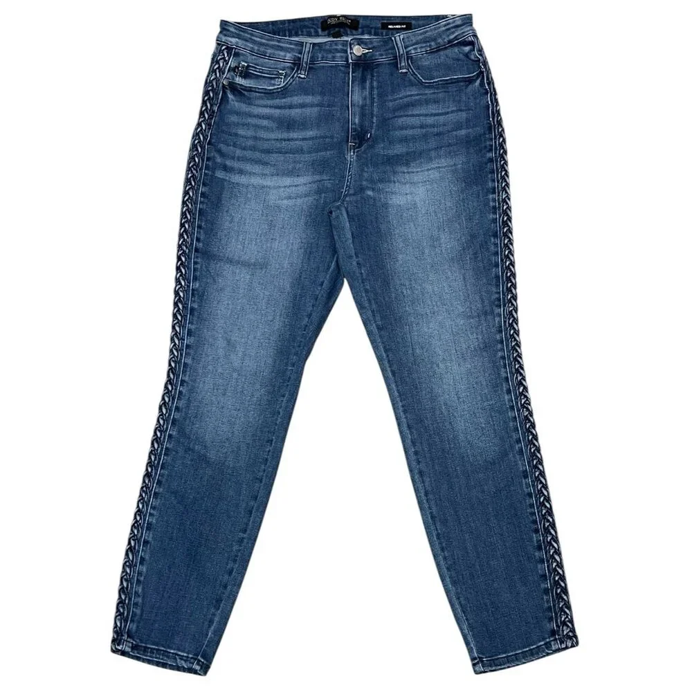 Judy Blue Women Size 15/32 Jeans Relaxed Fit Braided Detail Blue Stretch